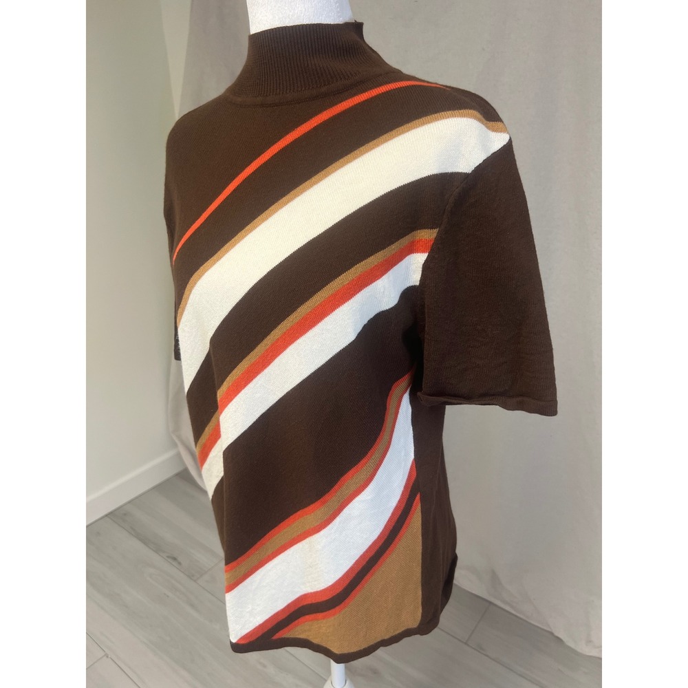 Sag Harbor Sweater Womens Sz M Mock Neck Short Sleeve Brown Stripe Retro - Picture 2 of 8